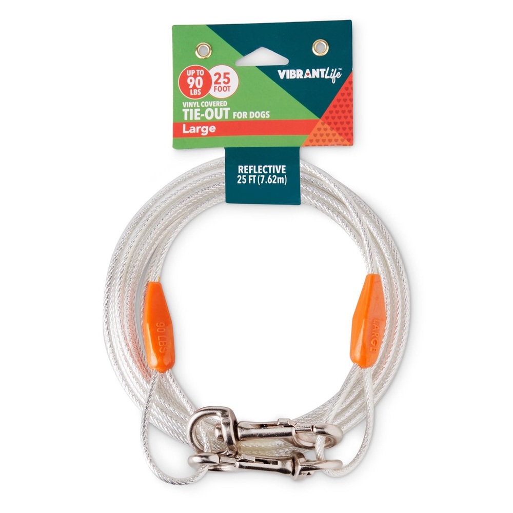 Vibrant Life Reflective Vinyl-Covered Tie-Out Cable Dogs 25ft Large Up To 90lbs.
